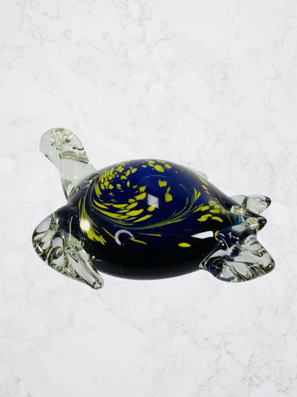 Blown Art Glass Sea Turtle Ocean Sea Cobalt Blue Yellow Clear Large Paperweight - Picture 3 of 8
